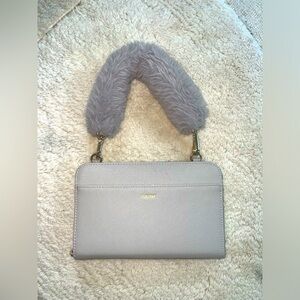 USED Calpak Travel Wallet Clutch with faux fur handle gold zippers grey gray